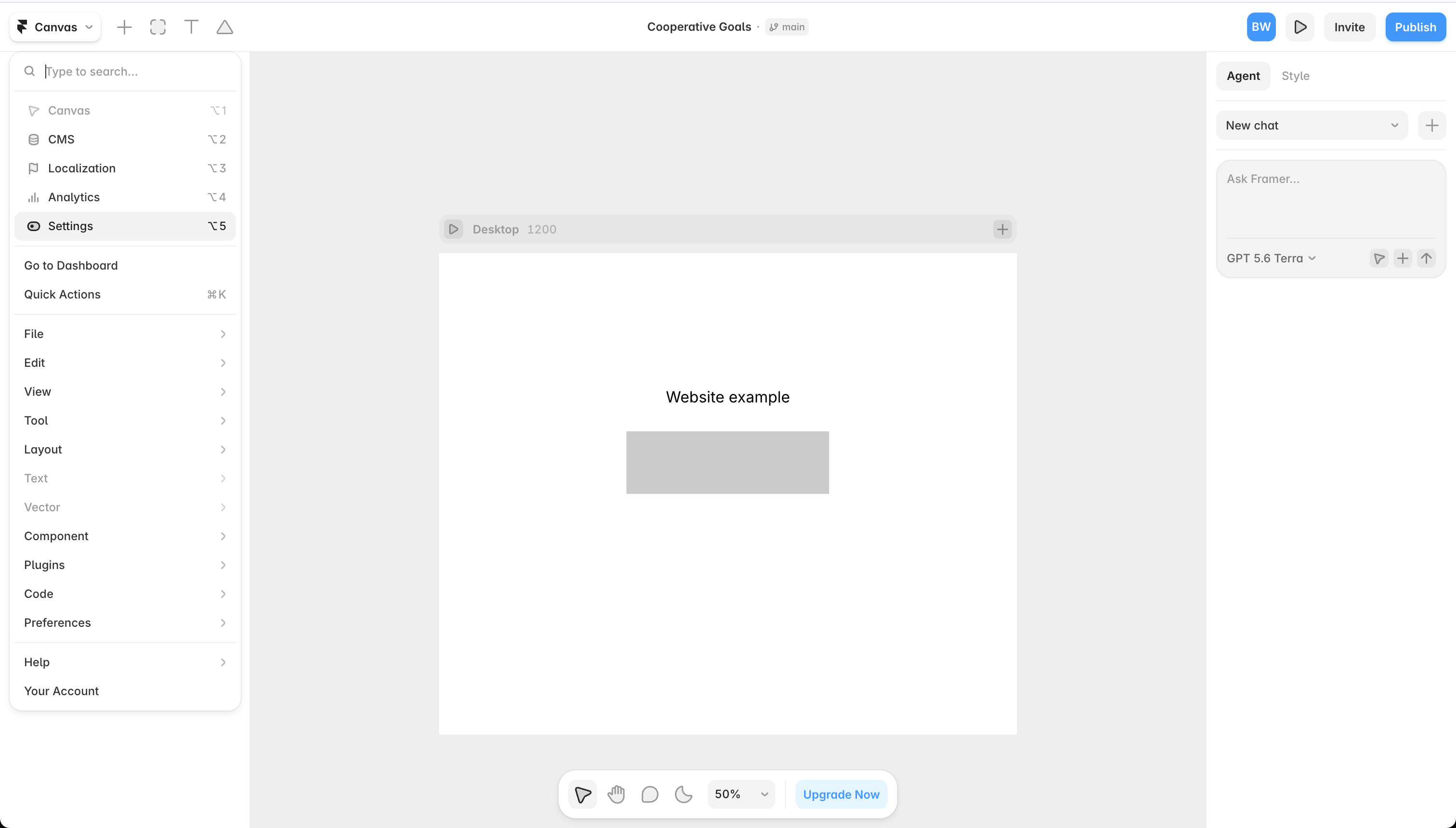 The Canvas menu with Settings highlighted