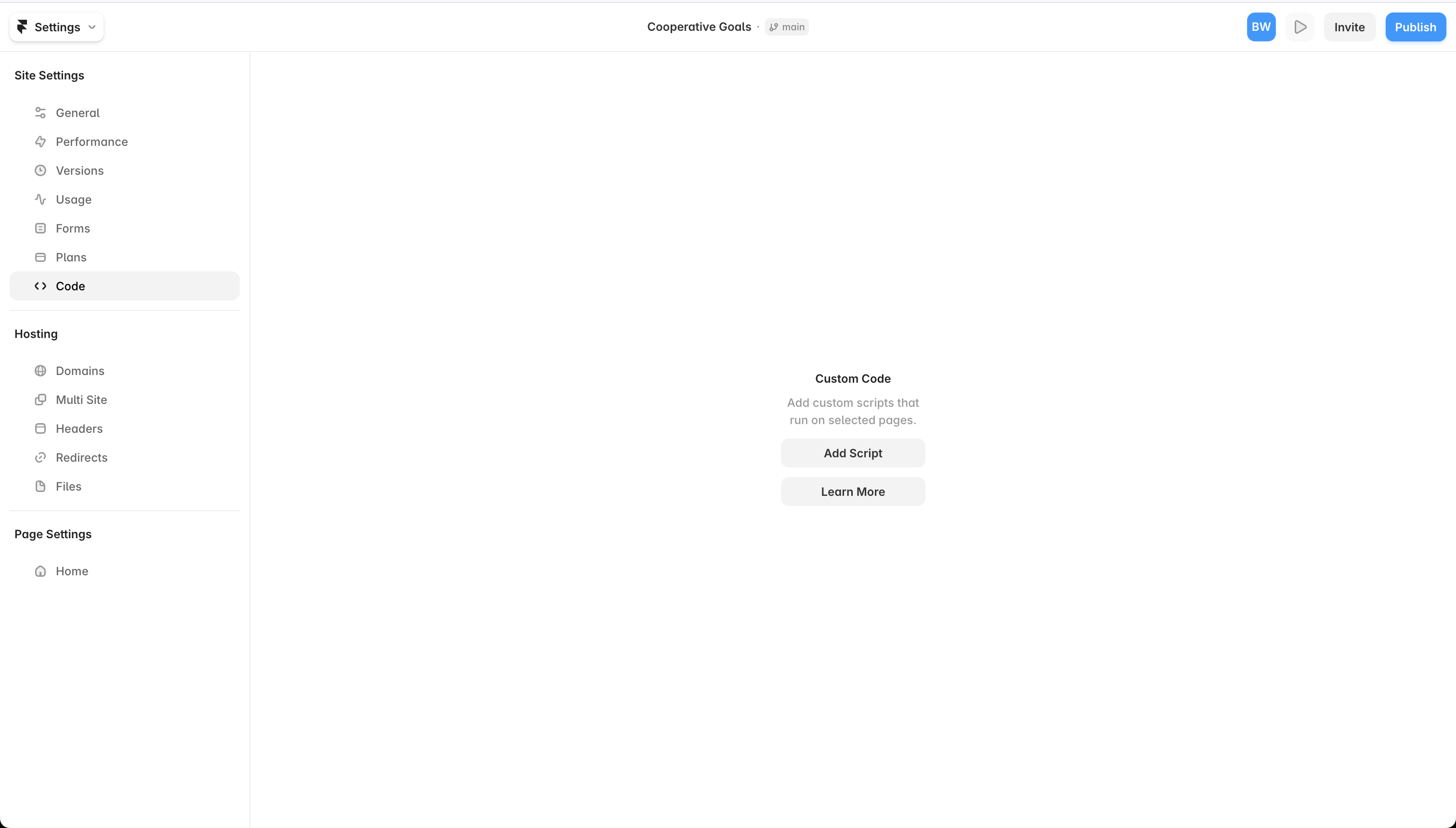 Framer Site Settings with Code selected and the Add Script button