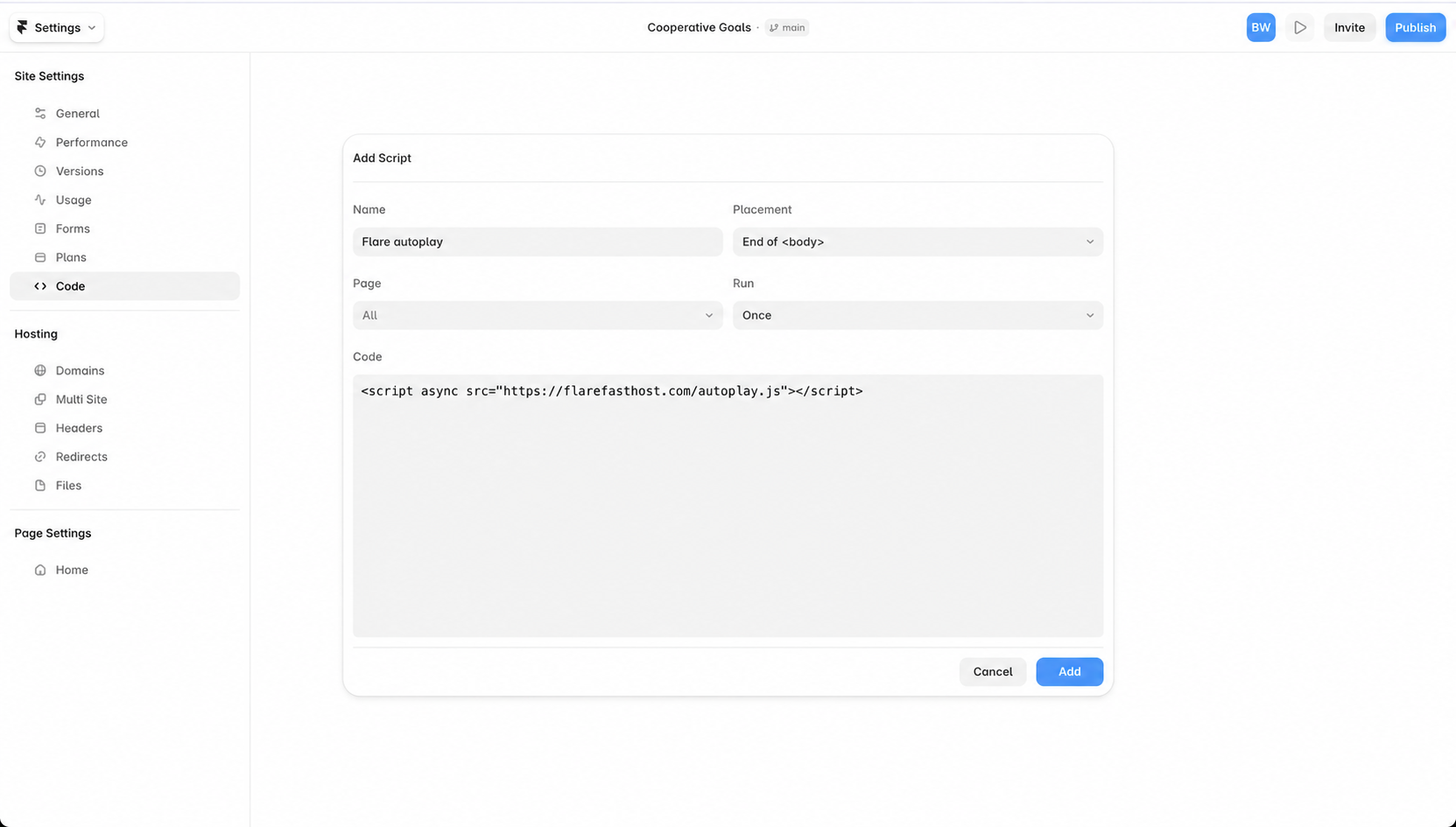 The Add Script form filled with the Flare autoplay script