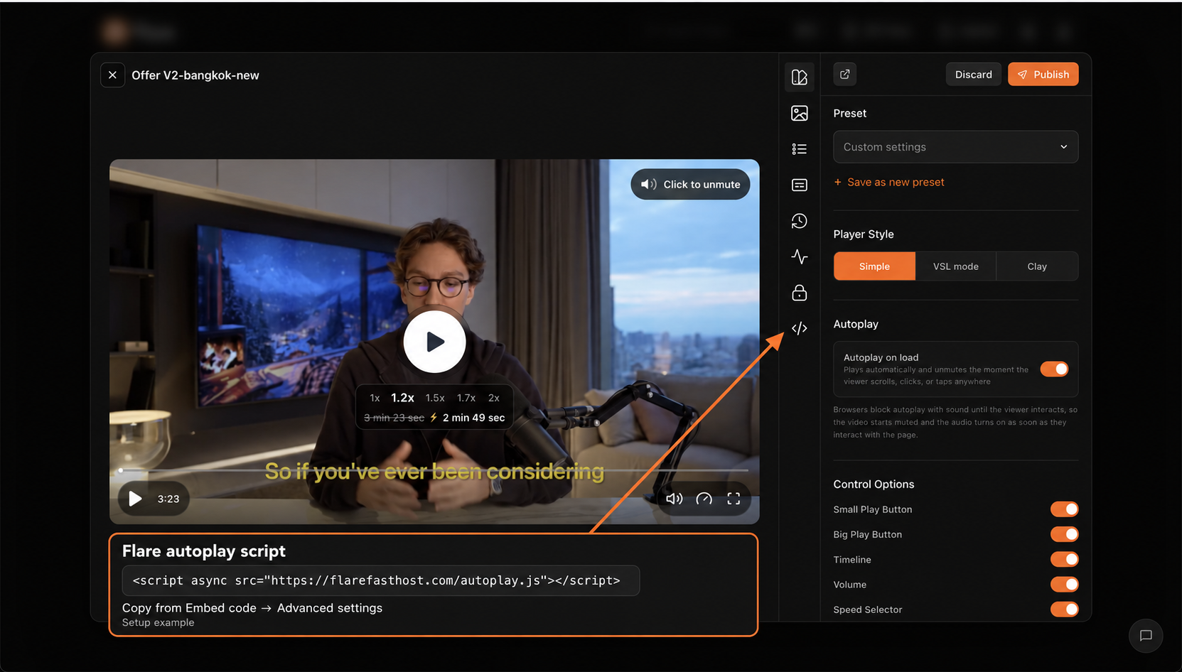Annotated Flare modal pointing to the Embed code tab with the autoplay script
